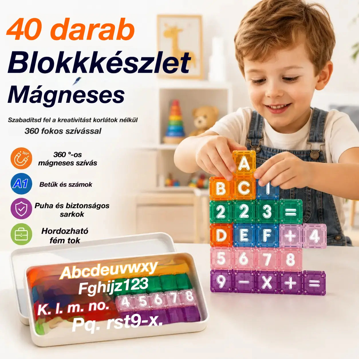 📢📢40% kedvezmény korlátozott ideig! 【40 építőkocka + tárolódoboz】⏰ Mágneses betű- és számépítő kockák gyerekeknek