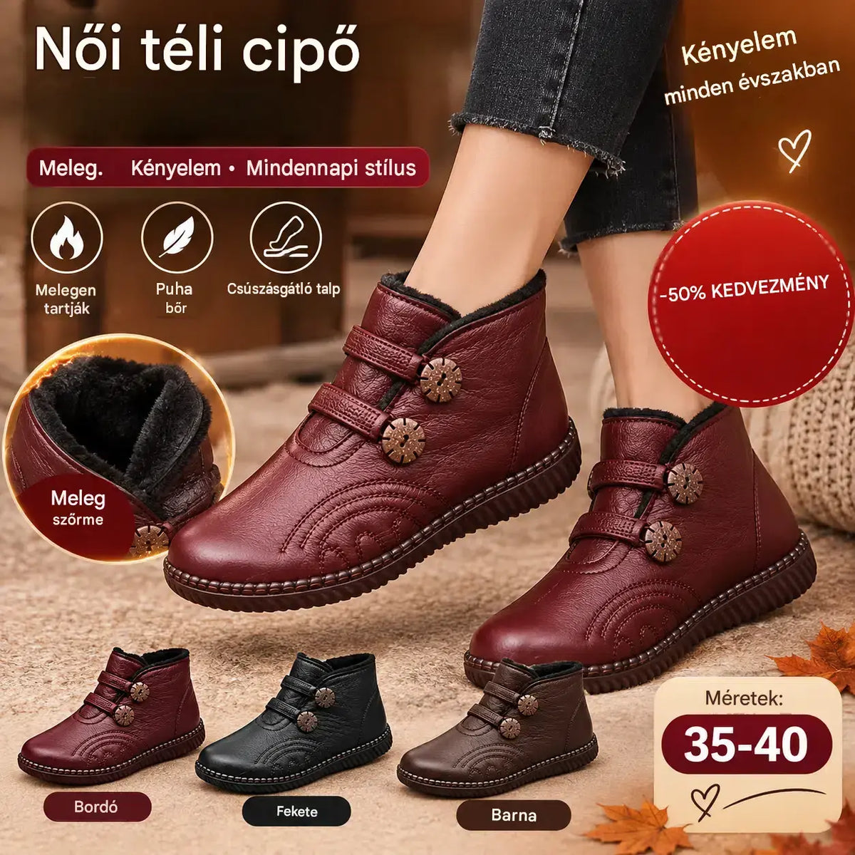 🔥🔥👢【49% KEDVEZMÉNY！！！！】💥【35-40】Női bőr, pamut, csúszásmentes, kézzel készített cipők őszre és télre