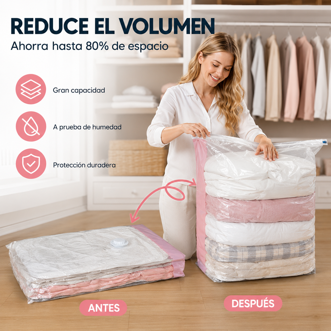 🧳【Juego de 5 piezas 28 euros】💨 Bolsa de almacenamiento al vacío grande y compresible: no requiere bomba, es a prueba de fugas e ideal para ahorrar espacio en maletas y en casa ✈️