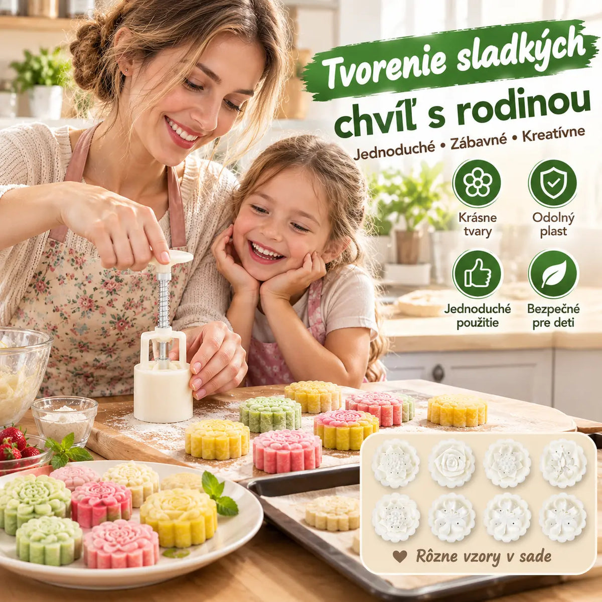 【1 forma 4-féle virágmintával】✨😍 Kézi nyomású tésztaformázó készlet, kreatív sütőformák