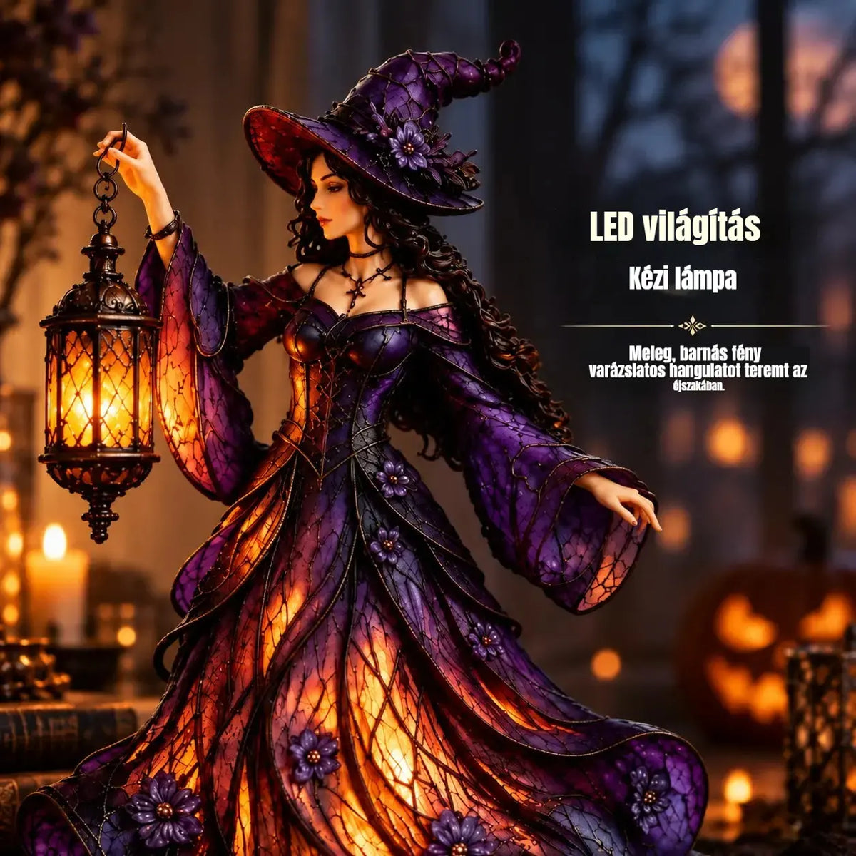 🧙‍♀️ Gótikus halloweeni boszorkányfigura LED lámpással 🧙‍♀️