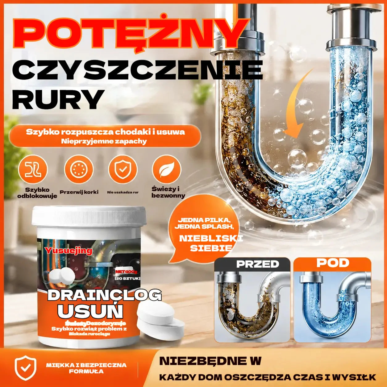 🔥50% ZNIŻKI 【2 za 89 zł.】❤️ Skuteczne musujące tabletki czyszczące, które szybko rozpuszczają zatory spowodowane przetłuszczającymi się włosami i udrażniają odpływy; dodatkowo działają odświeżająco i antybakteryjnie.