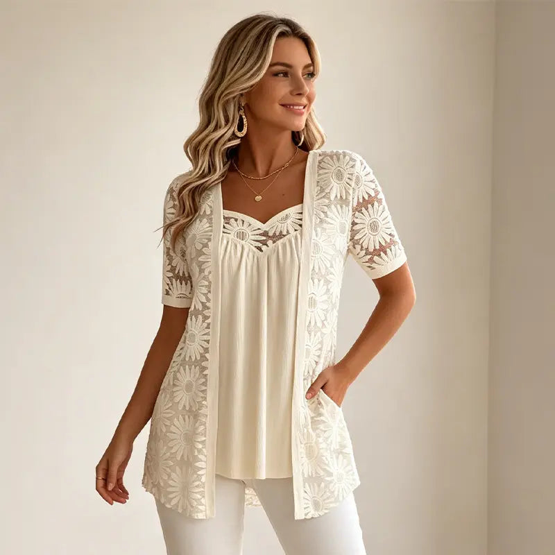 👚 Elegantne bluze s 2-u-1 efektom, čipkom i mrežicom – dizajn za mršavljenje protiv skidanja trbuha, 5 boja, veličine S-4XL! 🌸✨