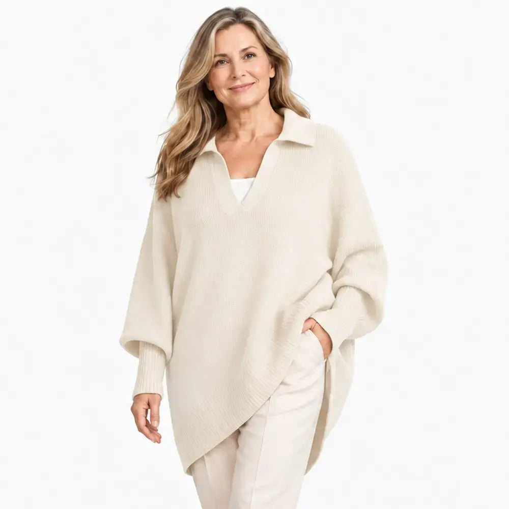 🌸【XS-5XL】Elegáns és maximális kényelem, bő szabású, V-nyakú kötött pulóver lehajtott gallérral｜Minden testalkatra alkalmas, elrejti a felesleges zsírt!