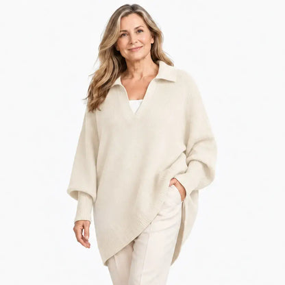 🌸【XS-5XL】Elegáns és maximális kényelem, bő szabású, V-nyakú kötött pulóver lehajtott gallérral｜Minden testalkatra alkalmas, elrejti a felesleges zsírt!