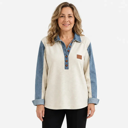 💥Időben elérhető ajánlat——👚✨Laza, színblokkolt mintás farmermintás felső gyönyörű varrással - Laza szabás