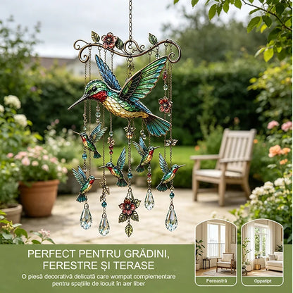 🐦Campanilla de viento de cristal con colibrí y diseño pintado de estilo retro.
