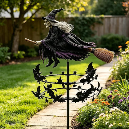 Molino de viento decorativo para jardín, diseño de bruja en escoba con murciélagos y estrellas, adorno dinámico para el patio, decoración de Halloween