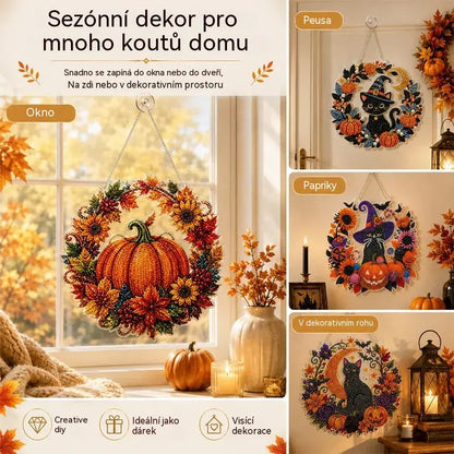 🍁🎃Halloweenská dekorace na okno - diamantový obraz, 4 veselé vzory, velikost 25×25 cm