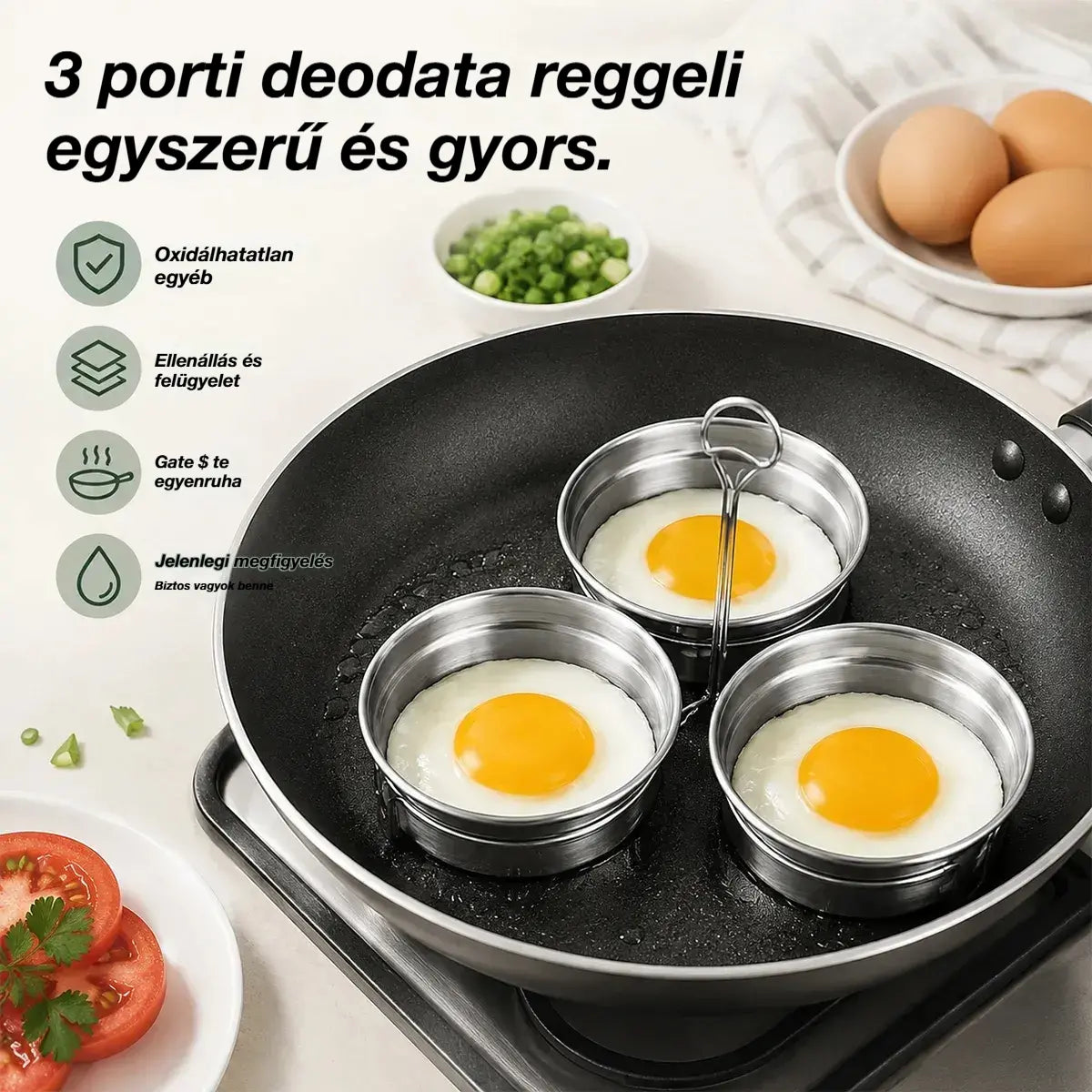 🍳Rozsdamentes acél tojástartó edény buggyantott és tükörtojáshoz – 3 szív/kör alakú üregből álló készlet, ideális reggelihez, desszertekhez és tortákhoz 🍳🍳