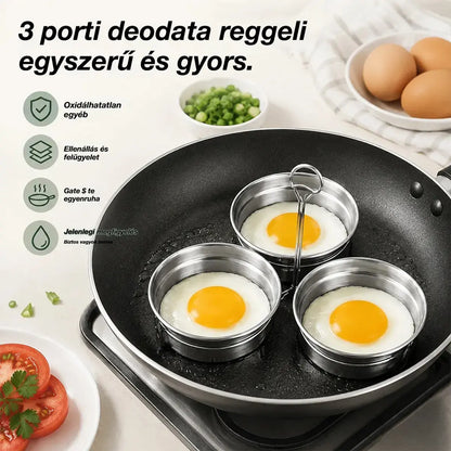 🍳Rozsdamentes acél tojástartó edény buggyantott és tükörtojáshoz – 3 szív/kör alakú üregből álló készlet, ideális reggelihez, desszertekhez és tortákhoz 🍳🍳