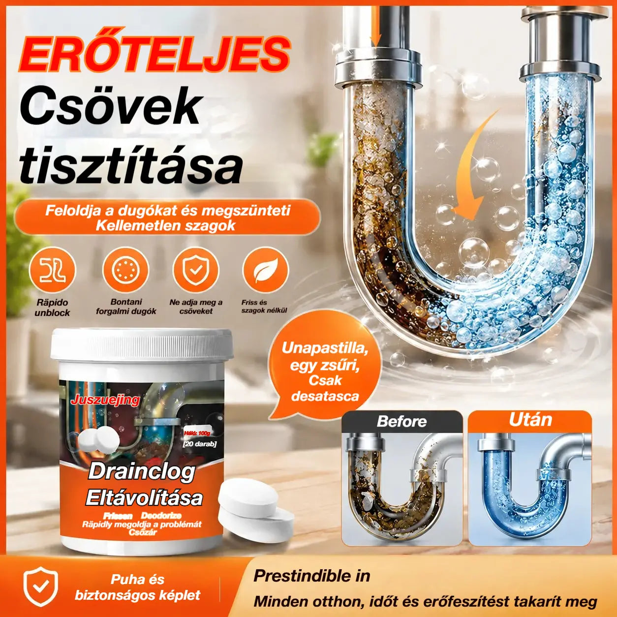 🔥50% KEDVEZMÉNY 【2 darab 8500 Ft】❤️ Hatékony pezsgőtisztító tabletták, amelyek gyorsan feloldják a zsíros haj okozta dugulásokat, kitisztítják a lefolyókat; szagtalanítóak és antibakteriálisak is.