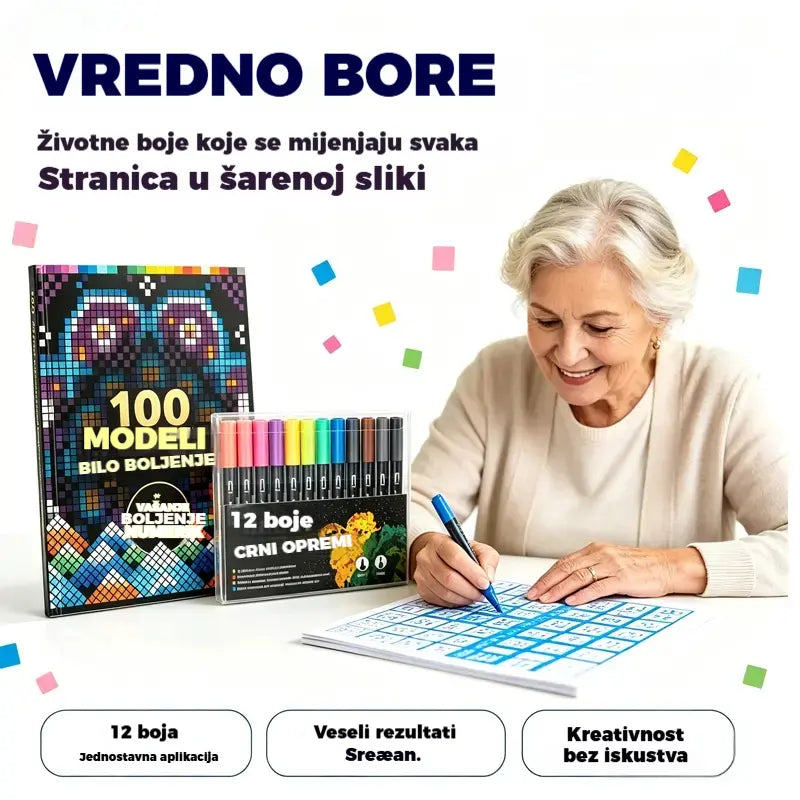 🛍️ Set antistres bojanki "100 uzoraka za svjesno bojanje" 🎨 Bojanje po brojevima za odrasle i starije osobe | 100 uzoraka (cvijeće, mandale) + set markera uključen, trening mozga i opuštanje