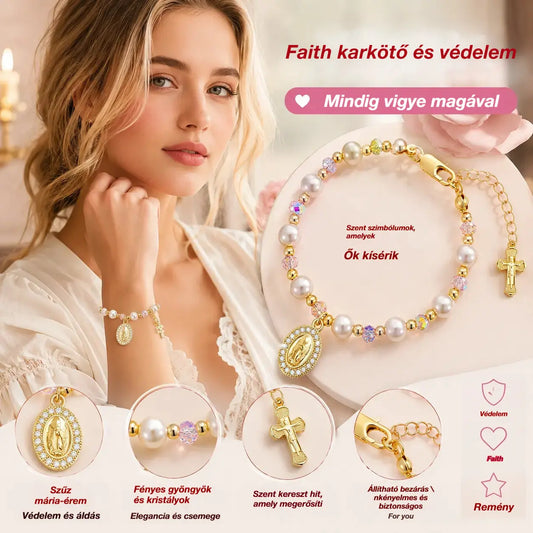 ✝️ 18 karátos arannyal bevont kereszttel és születési kővel ellátott karkötő ----- Karkötő kereszttel és gyöngyökkel