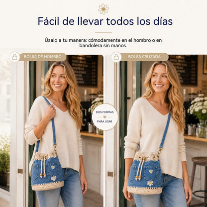 Un bolso de mezclilla tejida estilo bohemio que complementa todos tus looks ✨