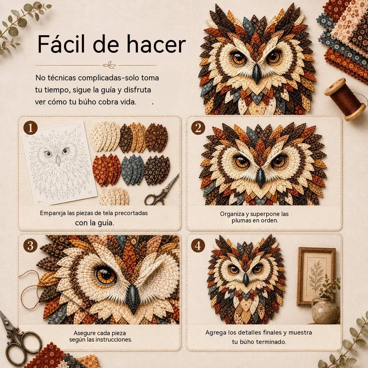 💥 ÚLTIMO DÍA: 49 % DE DESCUENTO – 🦉 Kit de manualidades DIY: Cuadro de pared de búho en capas de tela – Actividad relajante, resultados preciosos