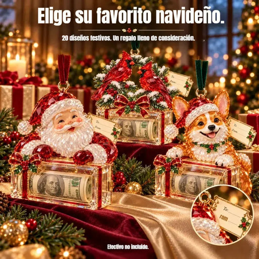 🎄🎅【1 juego 4 piezas 】Adornos navideños de cristal para guardar dinero (2026): 20 diseños festivos con etiquetas de regalo.