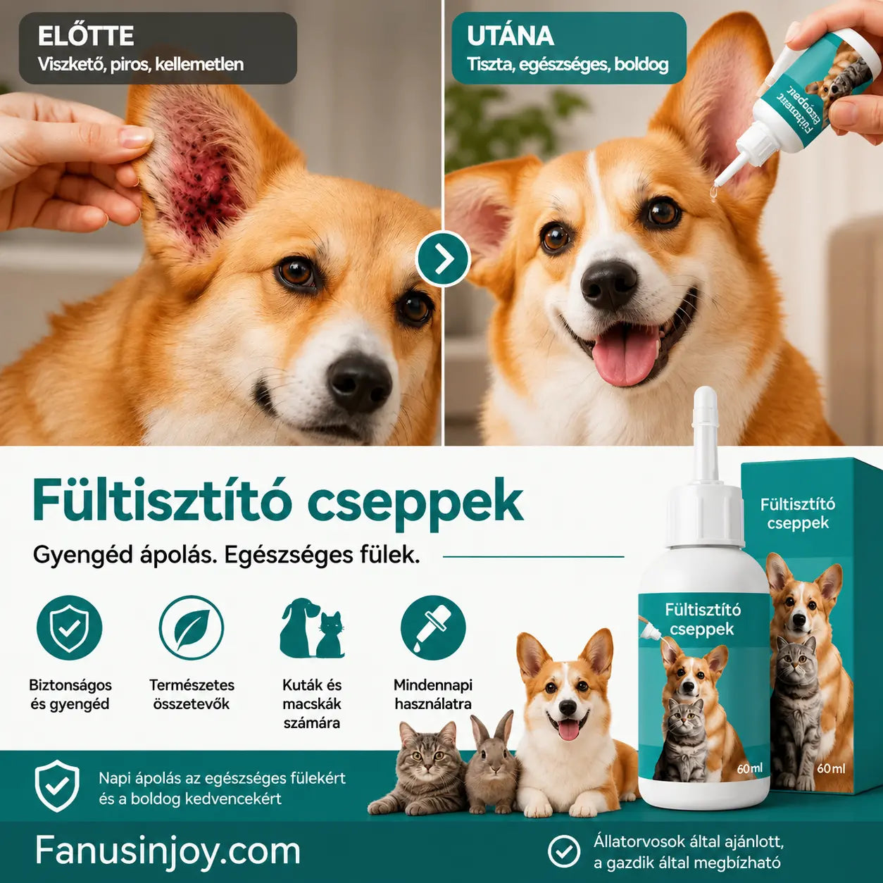 🐶【2 darab 8200 Ft】【Vásárolj 1-et, kapsz 2-t ingyen】 🐱🐶 Gyengéd kisállat fültisztító cseppek – Búcsút inthetsz a fülbetegségeknek