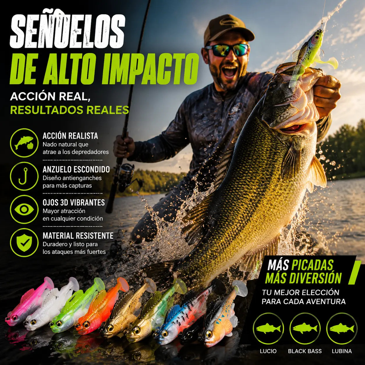🎣🐟【artefacto de pesca】Juego de 8 señuelos blandos con cola en T