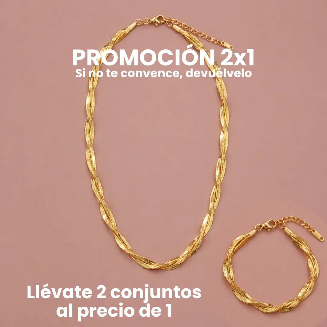 🔥🎁【Collar + Pulsera】💎 Conjunto de collar y pulsera de acero de titanio con diseño entrecruzado en color dorado K de aspecto lujoso