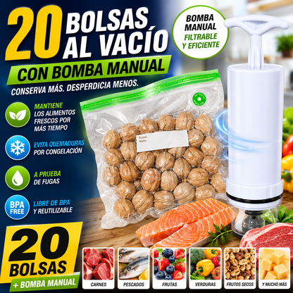 🔥【20 bolsas de vacío + bomba   manual filtrable específica】🧊Bolsas de almacenamiento de alimentos con compresión al vacío y válvulas