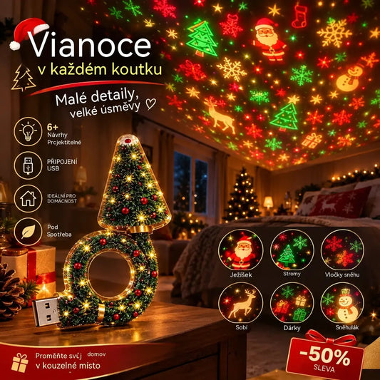 🎄💡 Noční světlo s projektorem ve tvaru vánočního stromku — stropní dekorace do zásuvky