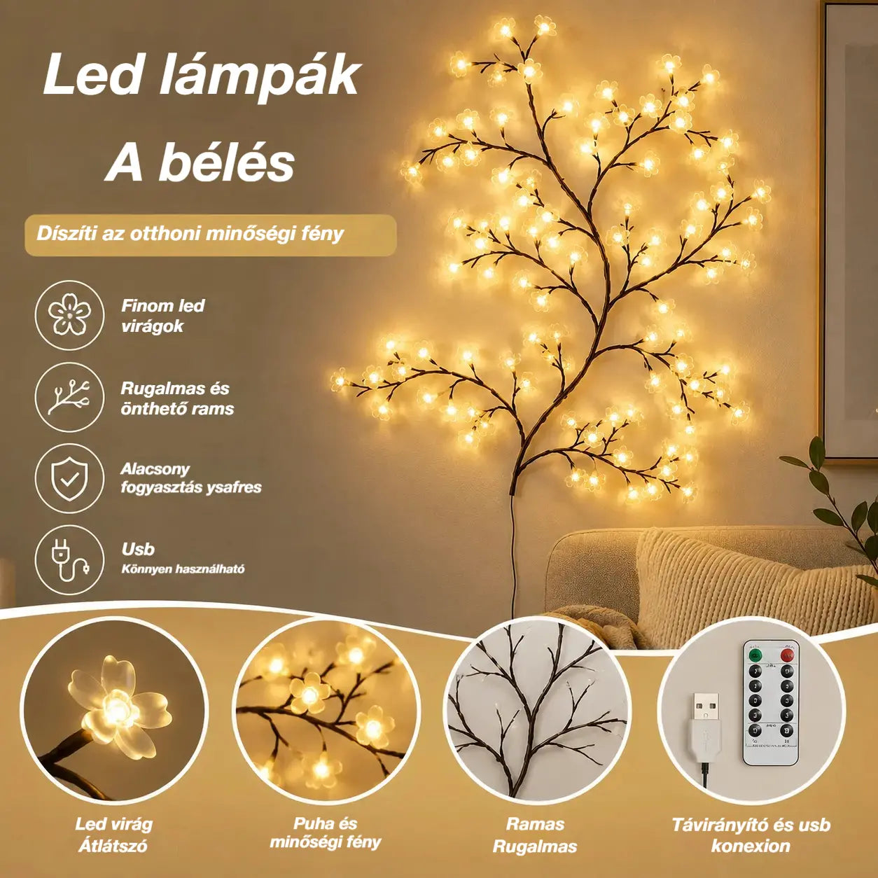 🌸✨ Őszibarackvirág alakú LED lámpákat használnak a belső falak díszítésére és romantikus hangulat megteremtésére.