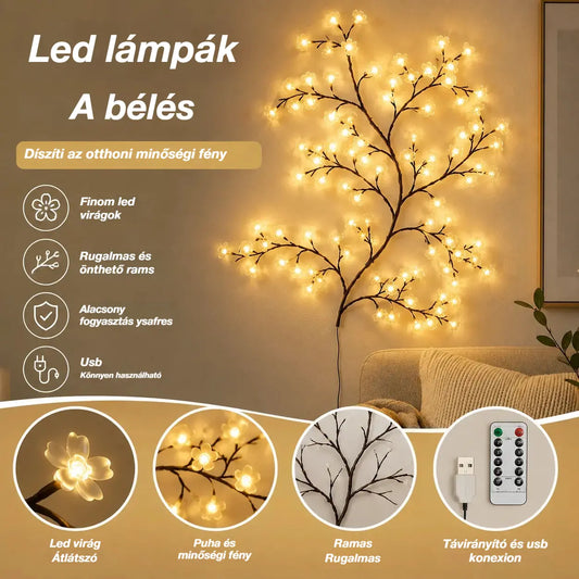 🌸✨ Őszibarackvirág alakú LED lámpákat használnak a belső falak díszítésére és romantikus hangulat megteremtésére.
