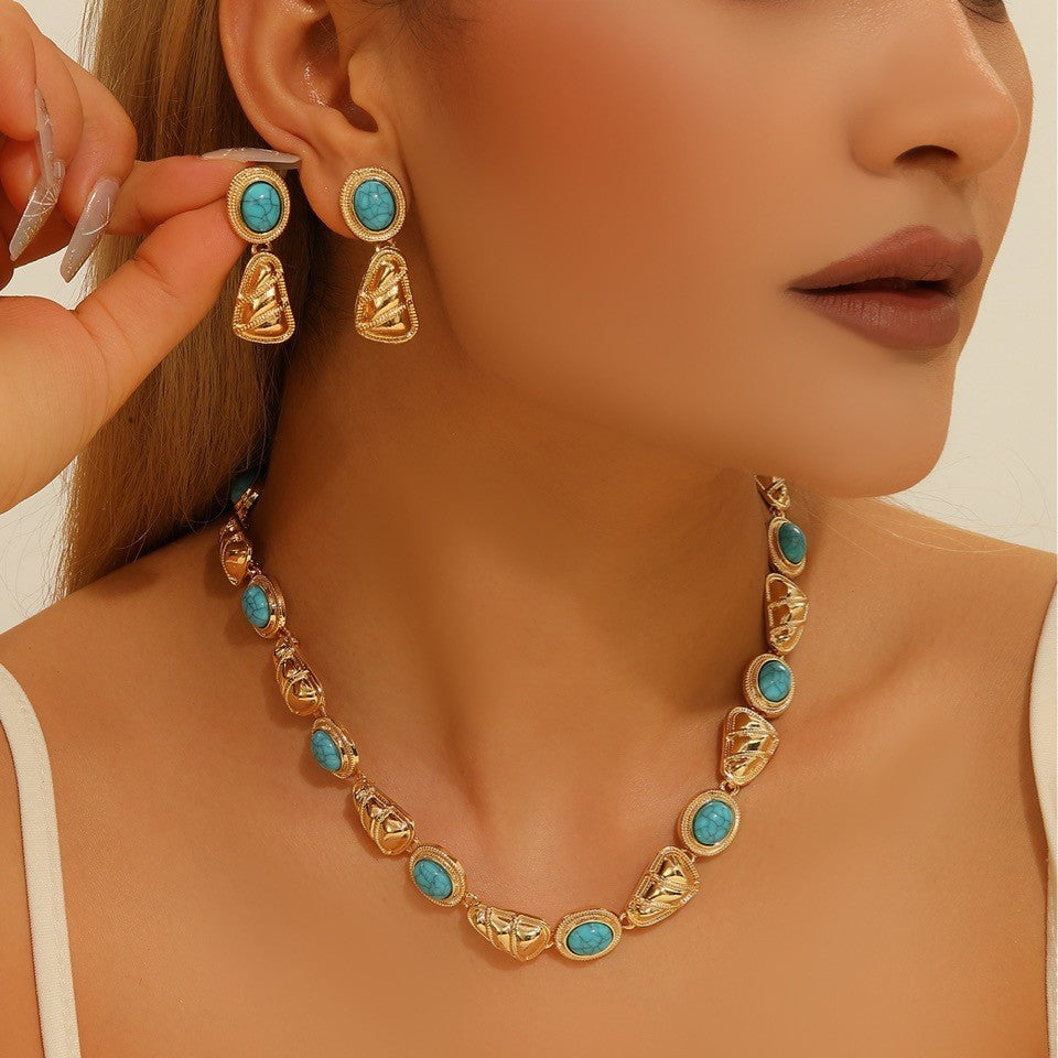 👑✨🌟【Pendientes + Collar】【26 euros】Exquisito conjunto vintage de collar y pendientes de turquesa y perlas | Atrae la buena fortuna