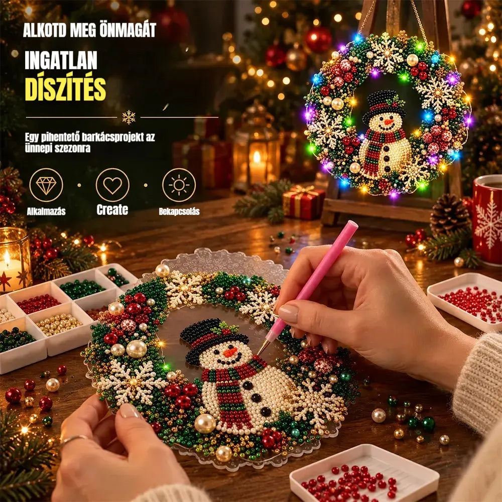 🎄 Karácsonyi koszorú gyémántokkal, gyöngyökkel és LED-lámpákkal! Tartós akrillap · 9 ünnepi dizájn · Tökéletes dekoráció ajtókra, falakra és ablakokra · Lélekkel készült ajándék!