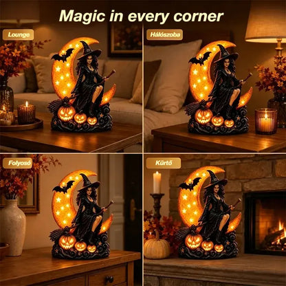 🎃🔮 Boszorkány és teliholdlámpa – Dekoratív gótikus szobor, ideális ajándék 🌙 🎃