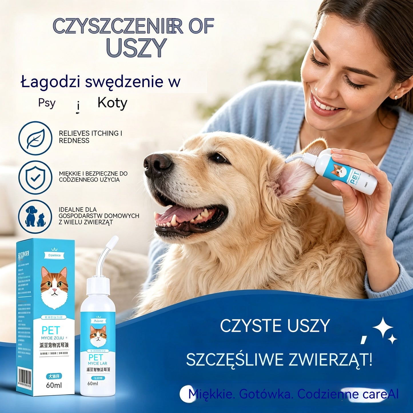 🐶【Kup 1, otrzymaj 1 gratis】【2 za 89  zł. 】🐱 Środek do czyszczenia uszu łagodzący swędzenie u psów i kotów.
