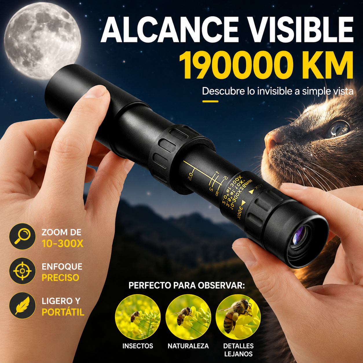 Monocular 10-300x40 con zoom – visión HD de alta potencia para actividades al aire libre y uso nocturno