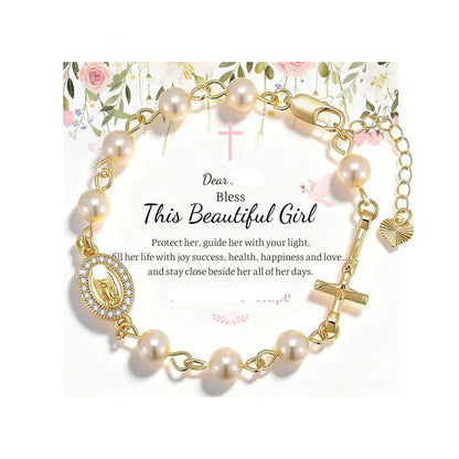 ✝️ Pulsera con cruz y piedra natal chapada en oro de 18 quilates ----- Pulsera con cruz y cuentas