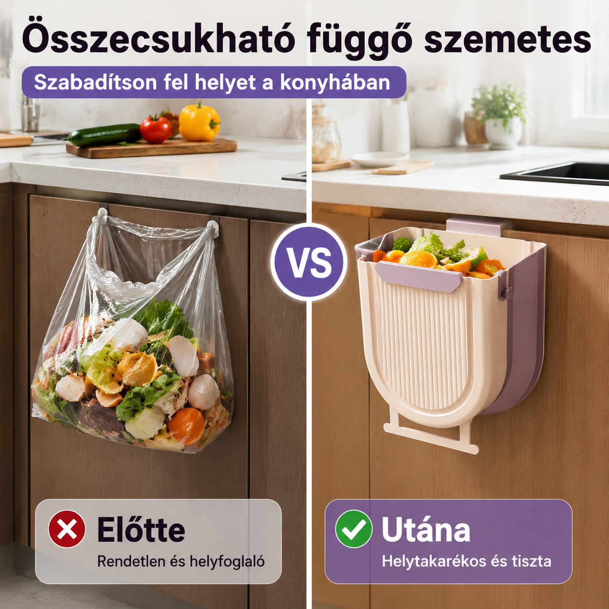🗑️🚪Függőző összecsukható konyhai szemetes, függő szemetes otthoni szekrényajtóra
