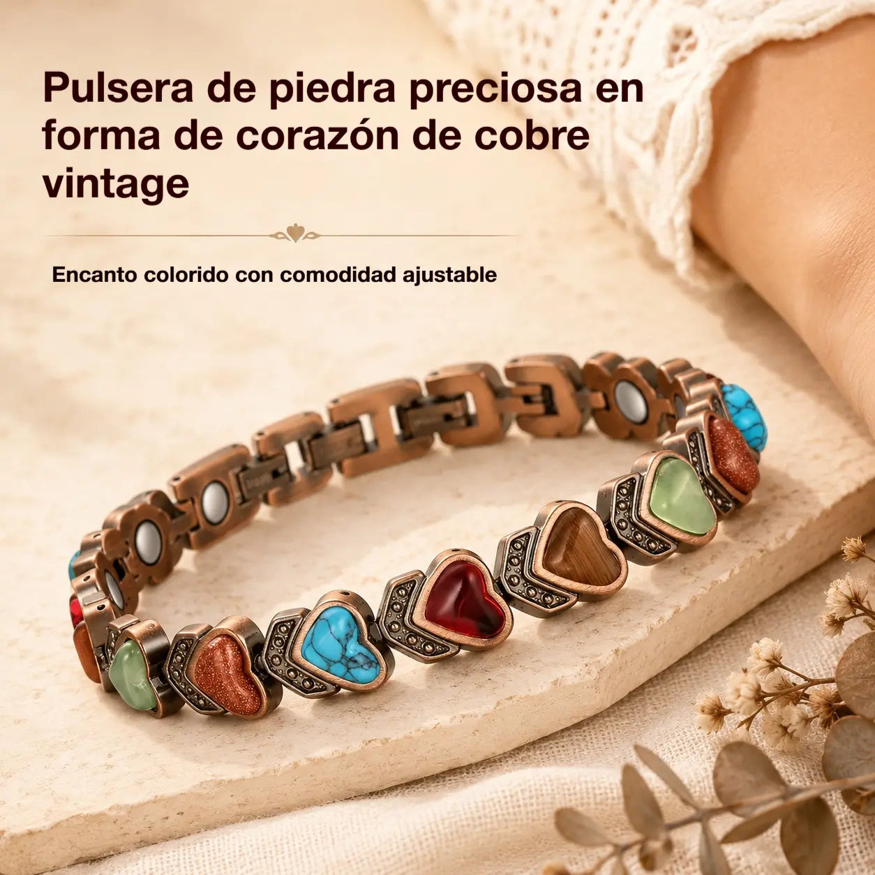 ✨🎁Pulsera de cobre para mujer, pulseras magnéticas de cobre puro, piedra preciosa natural única
