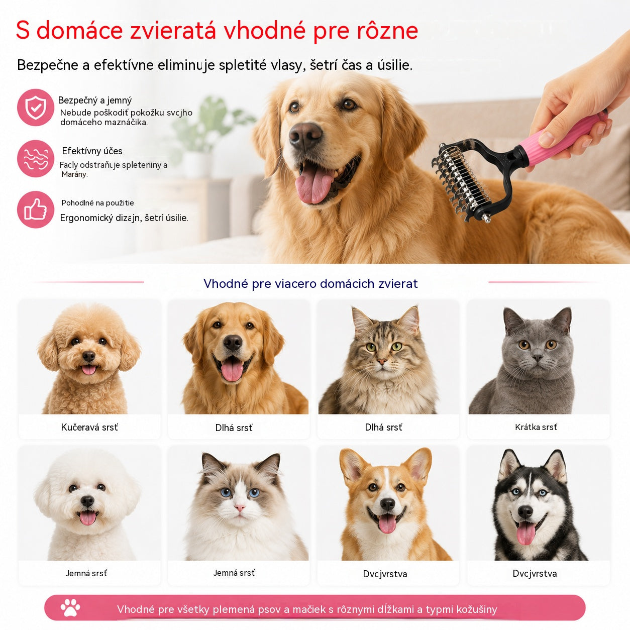 🐱🐕🐈 Multifunkčný hrebeň 3 v 1 na úpravu srsti domácich miláčikov a odstraňovanie mačacích a psích chlpov.🐱