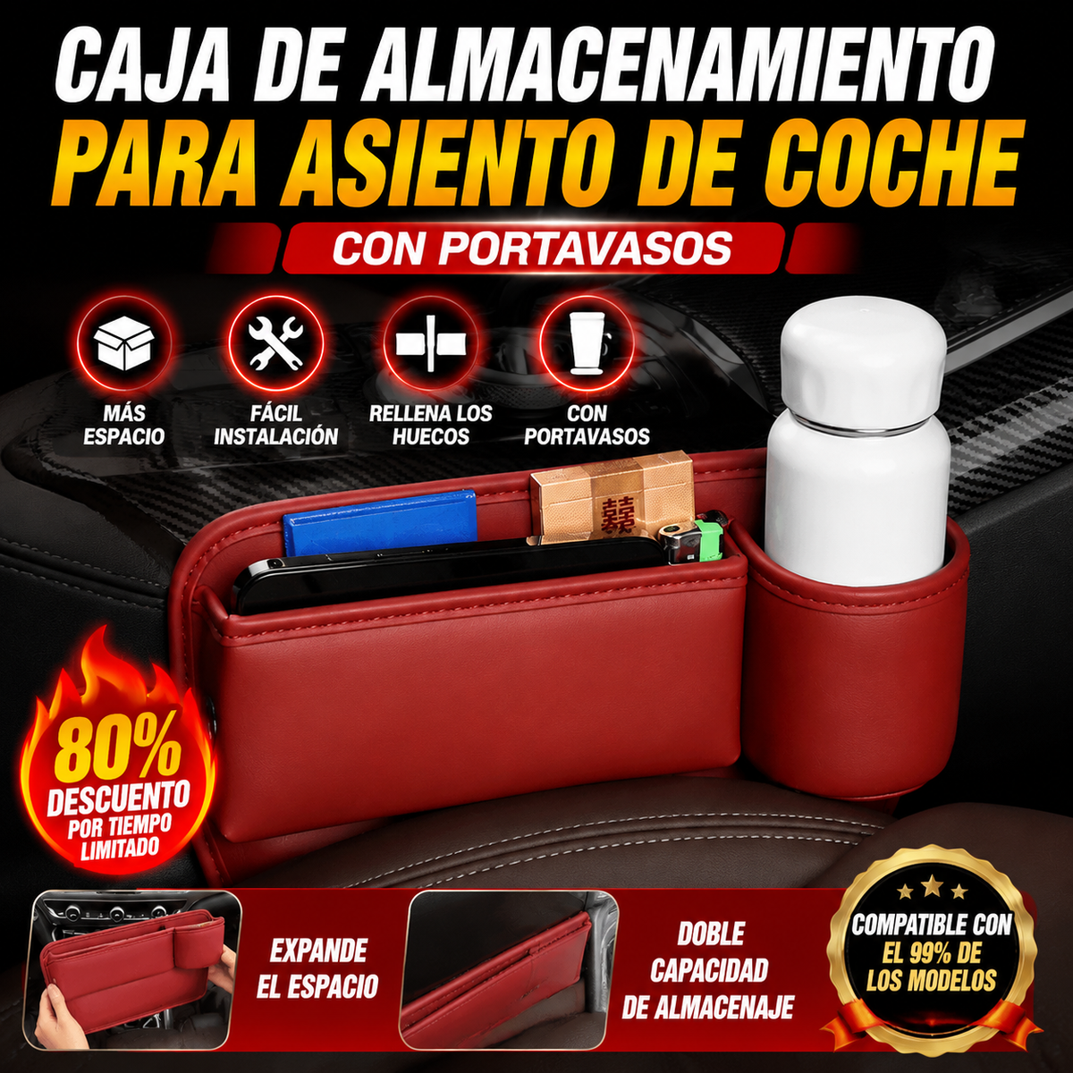 🚗🚗Caja de almacenamiento multifuncional para el espacio entre los asientos del coche con portavasos