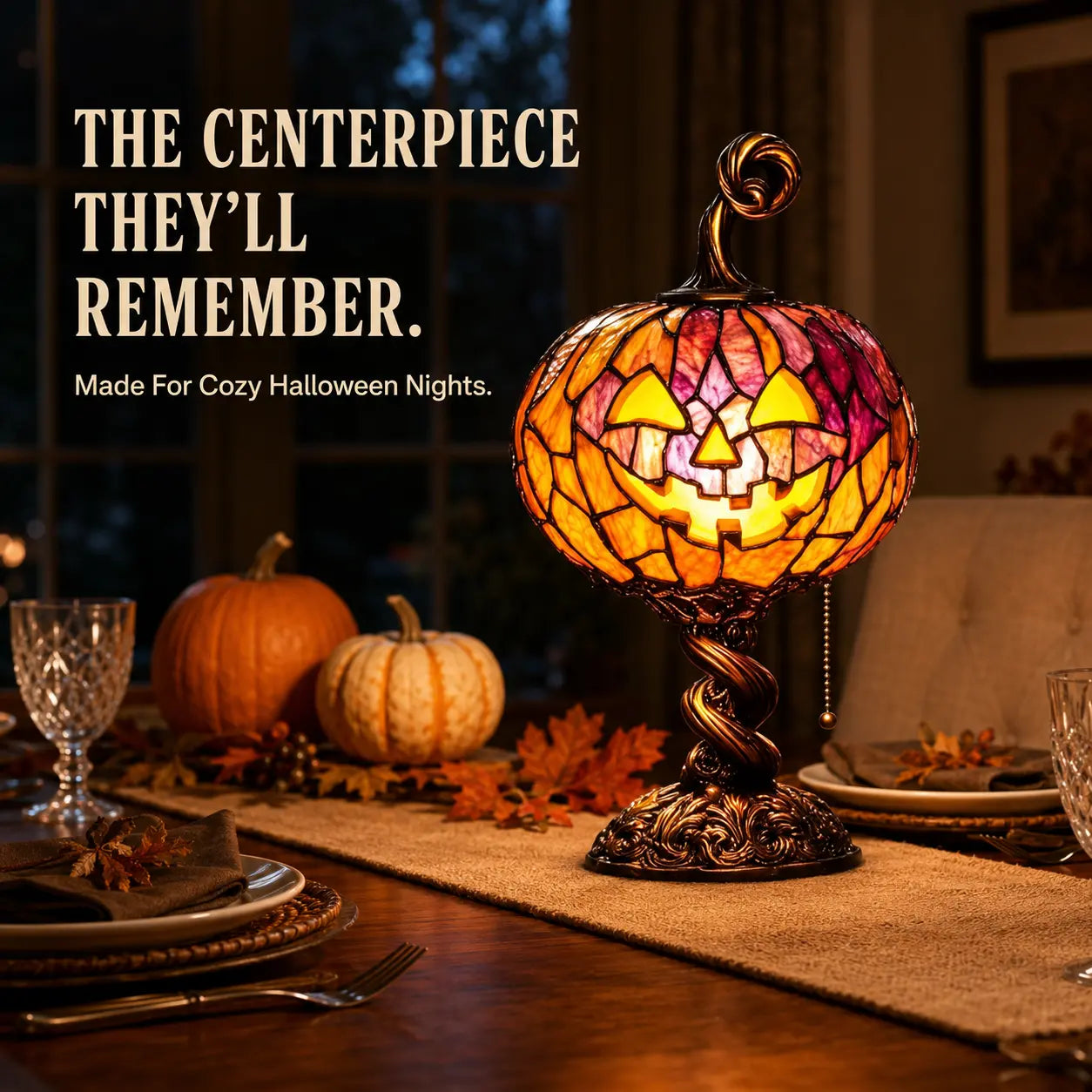 🔥Más vendido🔥👻🎃Lámpara de mesa luminosa con forma de calabaza - Lámpara de mesa de estilo retro con vidrieras