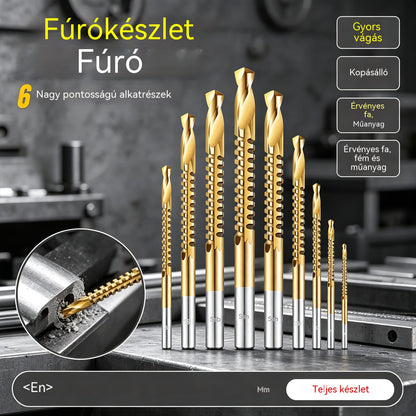 🧰【3+4+5+6+6,5+8 mm】⚙️ Csigafúró készlet: Nagy sebességű acél, titánbevonatú, és számos anyaggal kompatibilis 🧰