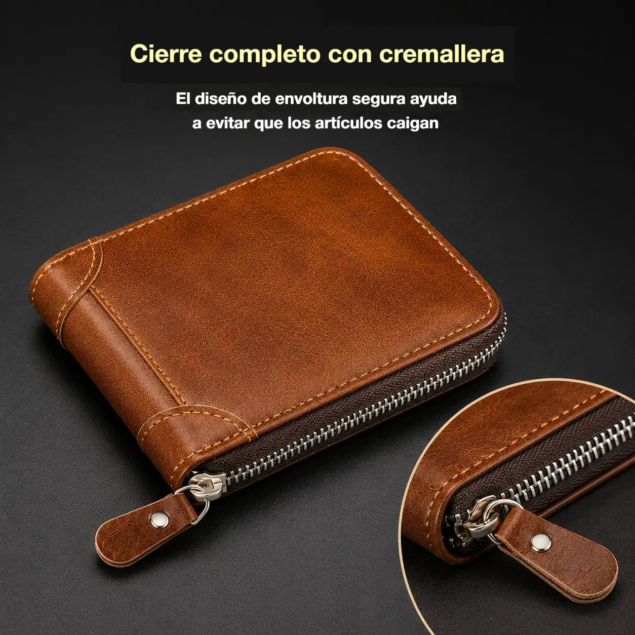 ✨🎁Cartera retro para hombre de piel sintética con cremallera, tarjetero/monedero plegable.