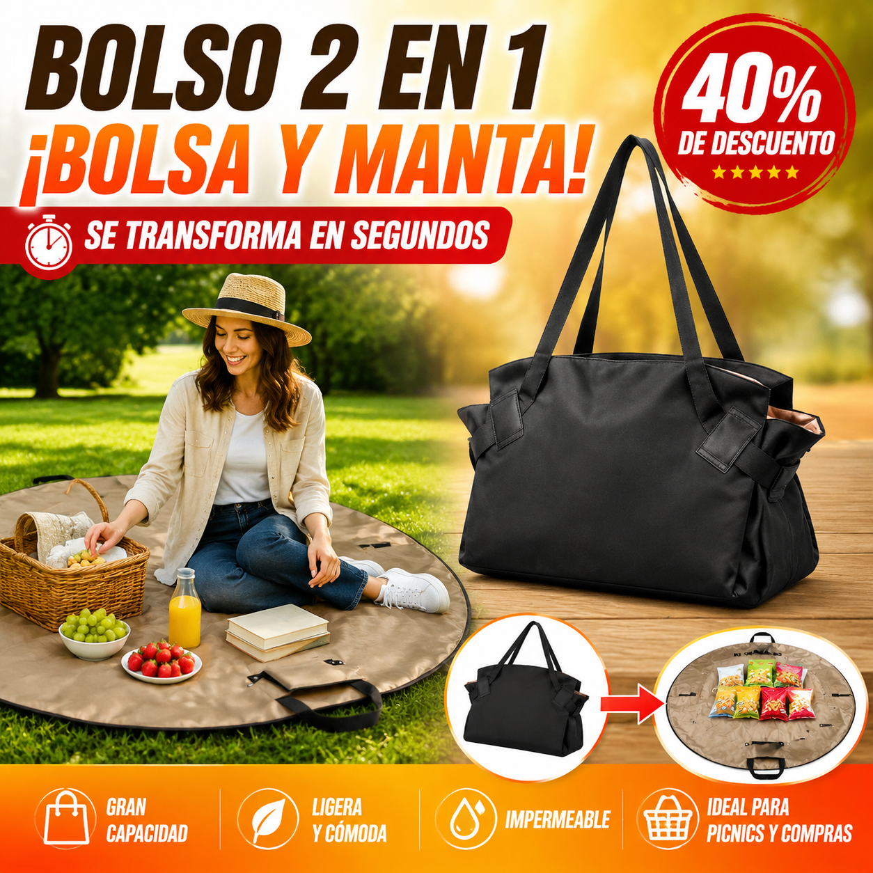🧺✨ ¡60 % DE DESCUENTO! Bolsa y manta de picnic convertible 2 en 1: la bolsa se convierte en manta en cuestión de segundos. Espaciosa, ligera y resistente al agua. ¡Perfecta para ir de picnic y de compras! 🌳🛍️