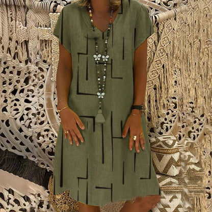 👗【S–5XL】Mintás pamut ruha V-nyakkivágással
