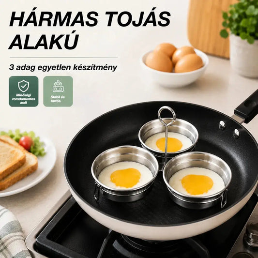 🍳Rozsdamentes acél tojástartó edény buggyantott és tükörtojáshoz – 3 szív/kör alakú üregből álló készlet, ideális reggelihez, desszertekhez és tortákhoz 🍳🍳