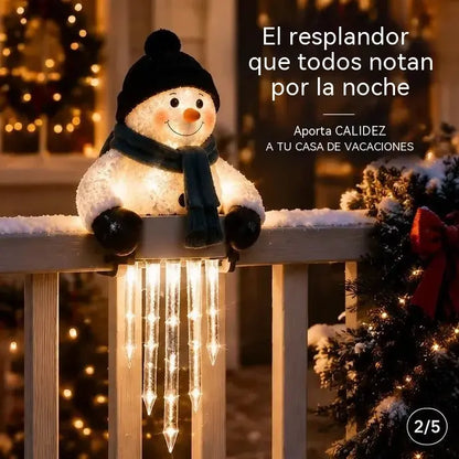 ☃️🎁 Decoración luminosa de muñeco de nieve para barandilla con carámbanos colgantes – Decoración navideña para el porche🎄
