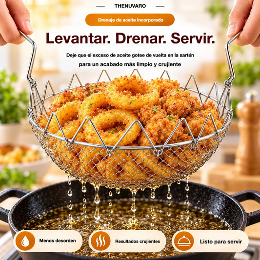 🍟【2 piezas  26 euros】Cesta para freír plegable y de fácil elevación: fríe, eleva y escurre en un solo movimiento fluido.