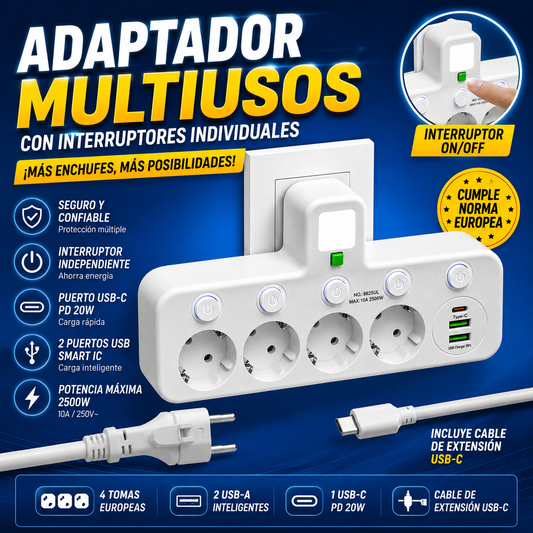 🔌Enchufe USB-C con interruptor de un a varios, conforme a la normativa europea, con enchufe inteligente USB y regleta con cable de extensión tipo C