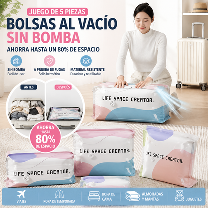 🧳【Juego de 5 piezas 29 euros 】💨 Bolsa de almacenamiento al vacío grande y compresible: no requiere bomba, es a prueba de fugas e ideal para ahorrar espacio en maletas y en casa ✈️