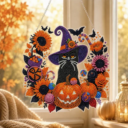 🍁🎃Halloweenská dekorace na okno - diamantový obraz, 4 veselé vzory, velikost 25×25 cm