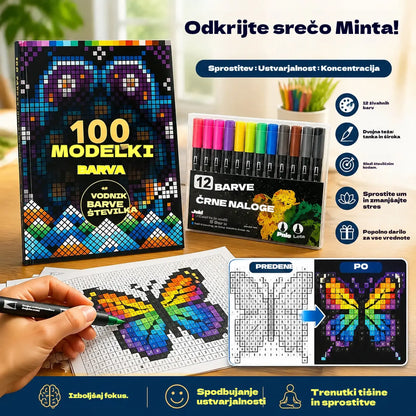 🛍️ Komplet pobarvank proti stresu "100 vzorcev za čuječe barvanje" 🎨 Barvanje po številkah za odrasle in starejše | 100 vzorcev (rože, mandale) + komplet flomastrov vključen, trening možganov in sprostitev